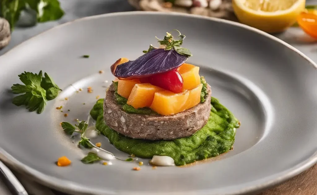 A detailed image of a gourmet dish, showcasing the textures and colors of the ingredients.